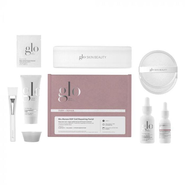 Glo Skin Beauty Bio Renew EGF Facial in a box and all it's contents displayed.