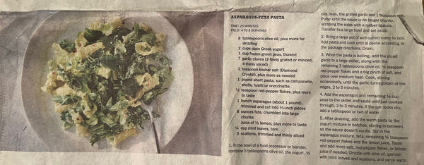 asparagus and feta pasta with the recipe nect to it taken from the NYT 