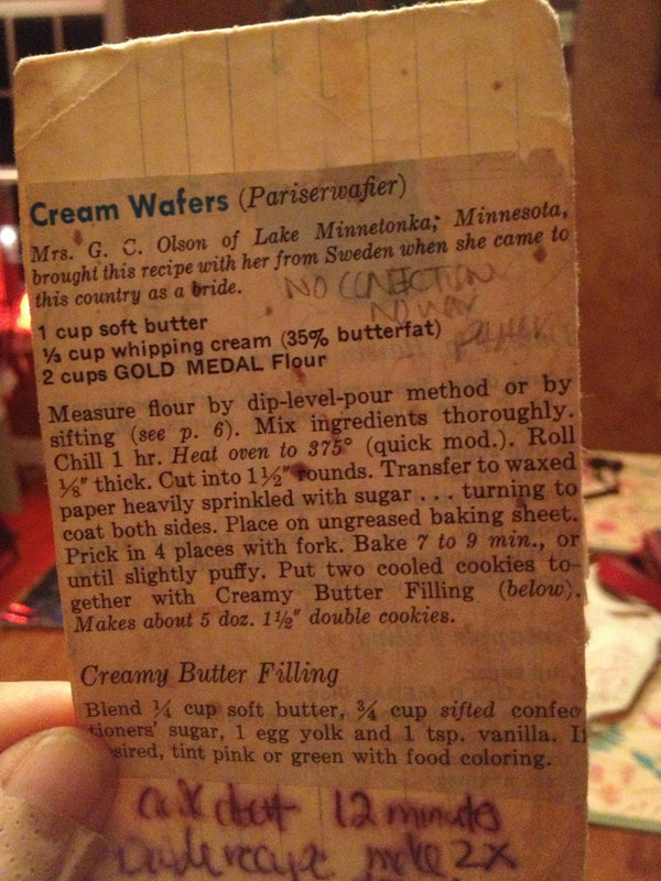 original recipe with typed notes of cream wafers
