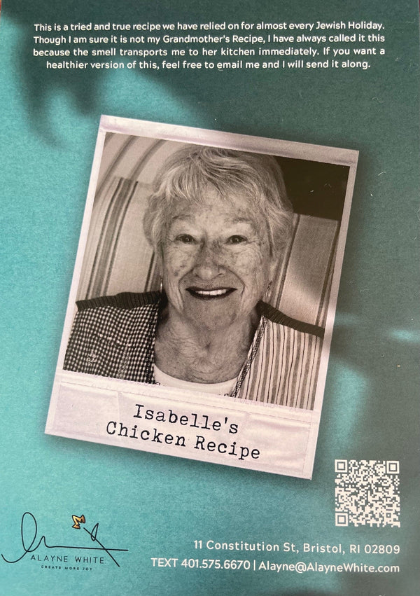 a smiling older woman on a polaroid picture with the caption Isabelle's Chicken Recipe